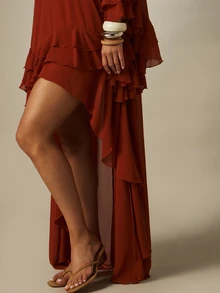 MISSGUIDED Chiffon High Low Maxi Dress With Plunge Neckline Tiered Ruffle Hem And Bell Sleeves Evening Formal Gown - Brown - View 5