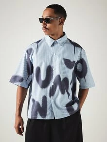 SUMWON Mens Oversized Short Sleeve Button-Up Shirt With Pinstripe And Abstract Spray Paint Graphic Print Summer Casual Top - Blue - View 5
