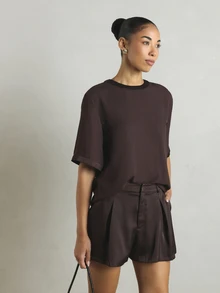 KSTM Oversized Crew Neck Blouse With Short Boxy Sleeves Solid Relaxed Fit Casual Chic Top - Brown - View 1
