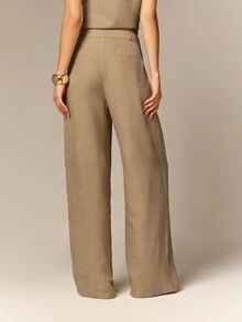 AiiRZ High-Waisted Wide Leg Tailored Trouser Pants With Pleated Front And Cinched Hem Detail For Elegant Occasions - Khaki - View 3