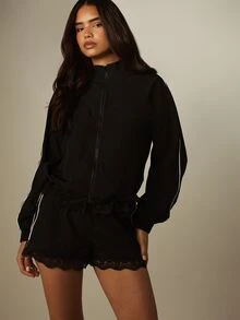 MISSGUIDED Nylon Lace Trim Mini Shorts With Contrast Piping Detail Drawstring Elastic Waist Summer Festival - Black - View 4