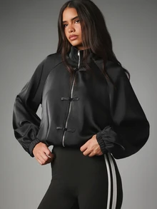 MISSGUIDED Satin Funnel Neck Zip-Up Blouse With Knot Detail Trims Long Sleeve Cropped Top For Fall Winter - Black - View 5