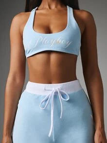 Missguided x Playboy Scoop Neck Crop Bralette And Wide Leg Drawstring Pant Co-Ord Set With Script Logo Print - Blue and White - View 2