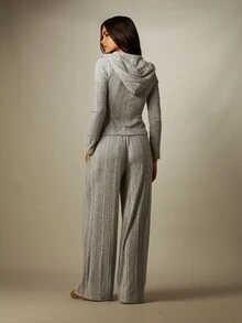 MISSGUIDED Ribbed Knit Full-Zip Cropped Hoodie And Wide Leg Drawstring Pants Co-Ord Set Two Pieces Loungewear Outfit Everyday Grey Autumn Casual - Light Grey - View 2