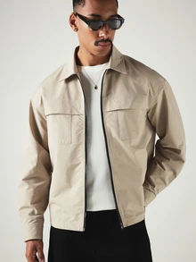 SUMWON Cargo Zip-Up Overshirt Jacket With Dual Chest Pockets Long Sleeve Collared Casual Layering Spring Outerwear Shirt - Camel - View 7