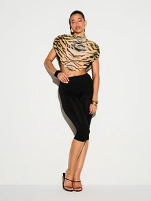 KIZN Tiger Print Cowl Neck Crop Top Draped Mesh Open Back Sleeveless Party Night Out Summer Festival Style - Brown - View 3