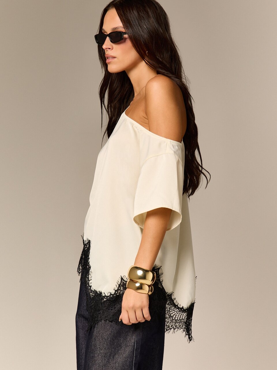 AiiRZ Satin Off-Shoulder Top With Black Lace Trim