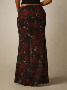 MISSGUIDED Black And Red Floral Rose Print Chiffon Skirt With Ruched Waist Tie Detail Low Rise A-Line Floor Length Beach Summer Sexy Romantic - Multicolor - View 2