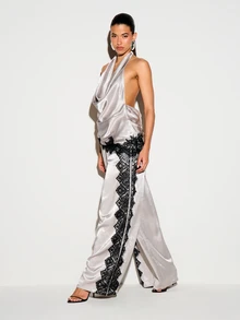 KIZN Satin Wide Leg Trouser With Scallop Black Lace Trim Side Panel And Drawstring Waist - Grey - View 4