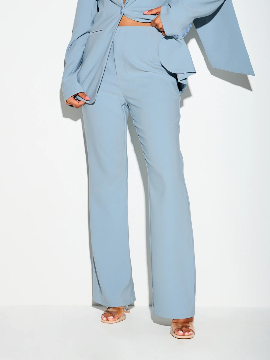 KIZN Tailored High Rise Flare Trousers Formal Suit Pants Wide Leg Dress Pants Office Workwear Spring Summer - Dusty Blue - View 1