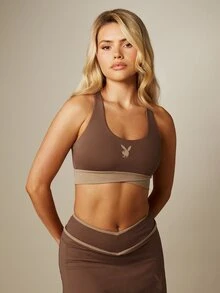Missguided x Playboy Logo Sports Bra With Racerback Design, Two-Tone Color Block Band, Scoop Neckline, Cropped Fit, Perfect For Casual And Active Everyday Wear - Brown - View 1