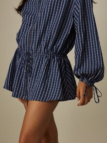 MISSGUIDED 條紋印花前拉鍊高領迷你洋裝，抽繩收腰與泡泡袖設計 - 藍色 - 查看 5