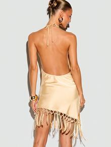 KIZN Satin Halter Neck Fringe Detail Mini Top With Macrame Trim Asymmetric Hem Backless Summer Party - Beige - View 3