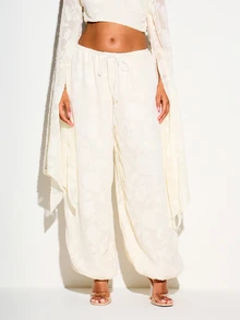 KIZN Floral Textured Parachute Trouser With Drawstring Waist Wide Leg Balloon Hem Layered Overlay Summer Festival Pants - Apricot - View 1