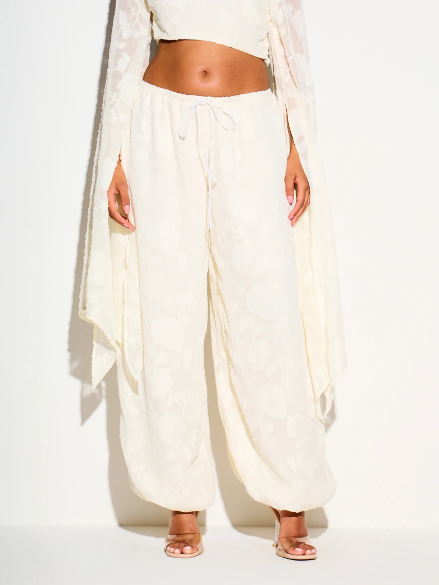 KIZN Floral Textured Parachute Trouser With Drawstring Waist Wide Leg Balloon Hem Layered Overlay Summer Festival Pants - Apricot - View 1