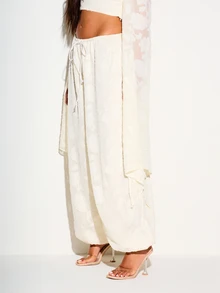 KIZN Floral Textured Parachute Trouser With Drawstring Waist Wide Leg Balloon Hem Layered Overlay Summer Festival Pants - Apricot - View 3