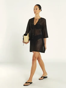 KSTM Sheer Crochet Knit Beach Cover-Up Mini Dress With Tassel Tie Neckline And Flared Sleeves - Black - View 4