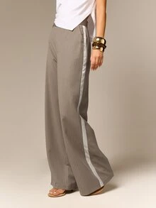 AiiRZ Pinstripe Wide Leg Tailored Trouser With Contrast Satin Side Stripe, High Rise Palazzo Dress Pants - Khaki - View 1