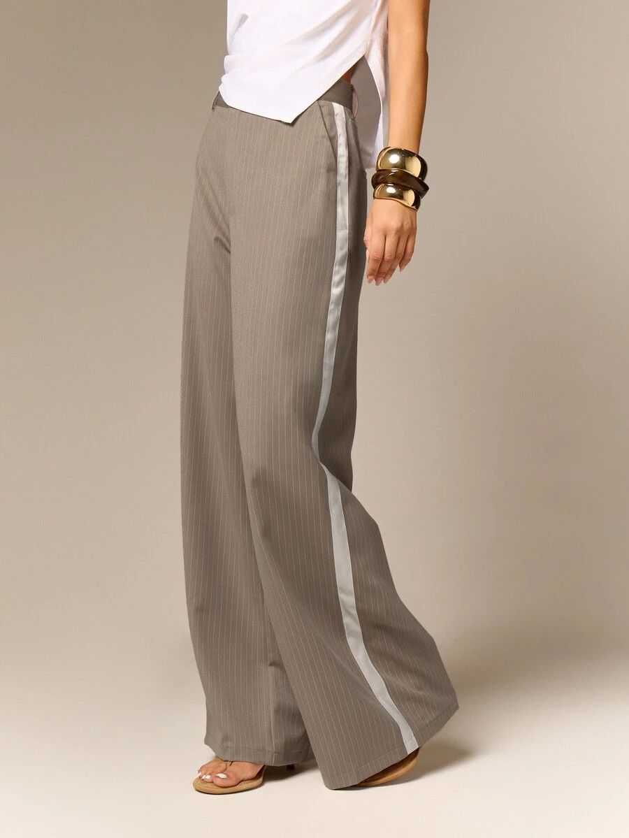 AiiRZ Pinstripe Wide Leg Tailored Trouser With Contrast Satin Side Stripe, High Rise Palazzo Dress Pants - Khaki - View 1