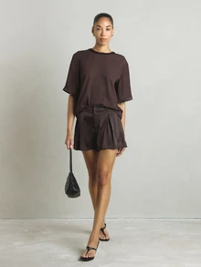 KSTM Oversized Crew Neck Blouse With Short Boxy Sleeves Solid Relaxed Fit Casual Chic Top - Brown - View 3