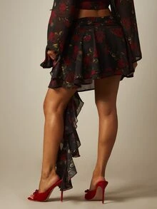 MISSGUIDED Floral Ruffle Mini Skirt With Asymmetric Hem Tie Waist ...