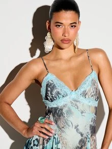KIZN Mixed Animal Print Godet Mini Dress With Lace Trim V-Neck Spaghetti Straps Flowy Handkerchief Hem Summer Festival - Multicolor - View 2