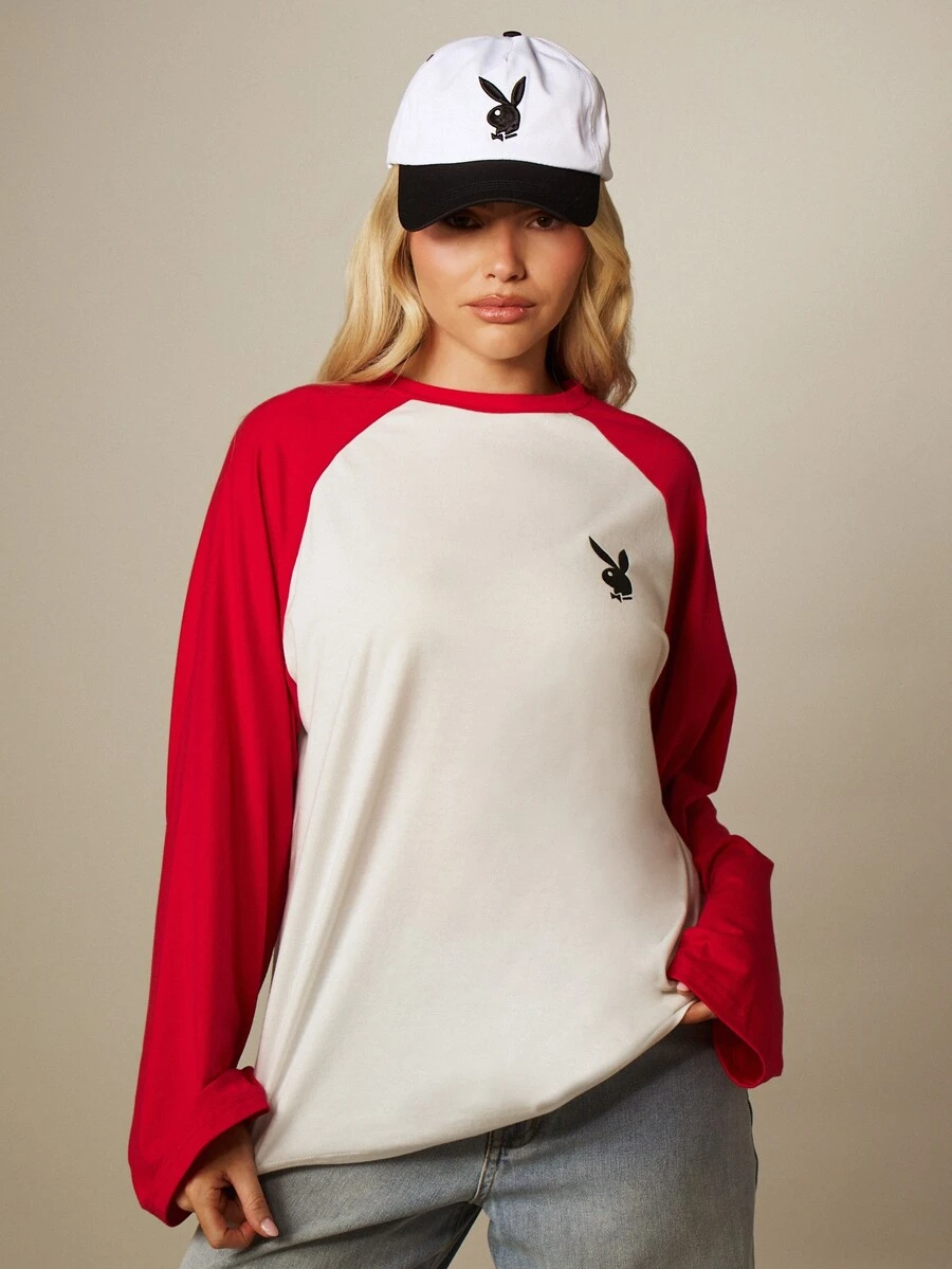 Missguided x Playboy Oversized Raglan Long Sleeve T-Shirt With Iconic Bunny Logo Embroidery, Color Block Baseball Style, Crew Neck, Casual Everyday Top - Red and White - View 1