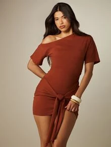 MISSGUIDED Off-Shoulder Mini Dress With Tie Waist Detail Short Sleeve Bodycon Summer Party Casual Night Out Dress - Brown - View 1