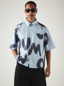 SUMWON Mens Oversized Short Sleeve Button-Up Shirt With Pinstripe And Abstract Spray Paint Graphic Print Summer Casual Top - Blue - View 1