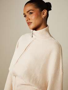MISSGUIDED Stretch Waffle Knit Zip-Through Funnel Neck Cinched Waist Top And Hot Pants Co-Ord Set - Khaki - View 5