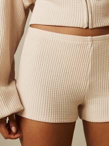 MISSGUIDED Stretch Waffle Knit Zip-Through Funnel Neck Cinched Waist Top And Hot Pants Co-Ord Set - Khaki - View 6
