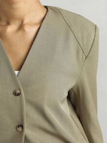 KSTM Cropped Collarless Button-Up Jacket With Structured Shoulders And Long Sleeves For Spring Office Wear - Green - View 5