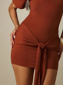 MISSGUIDED Off-Shoulder Mini Dress With Tie Waist Detail Short Sleeve Bodycon Summer Party Casual Night Out Dress - Brown - View 5