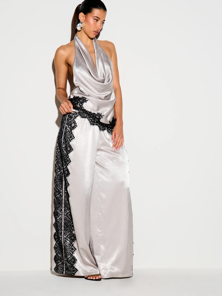 KIZN Satin Wide Leg Trouser With Scallop Black Lace Trim Side Panel And Drawstring Waist - Grey - View 1