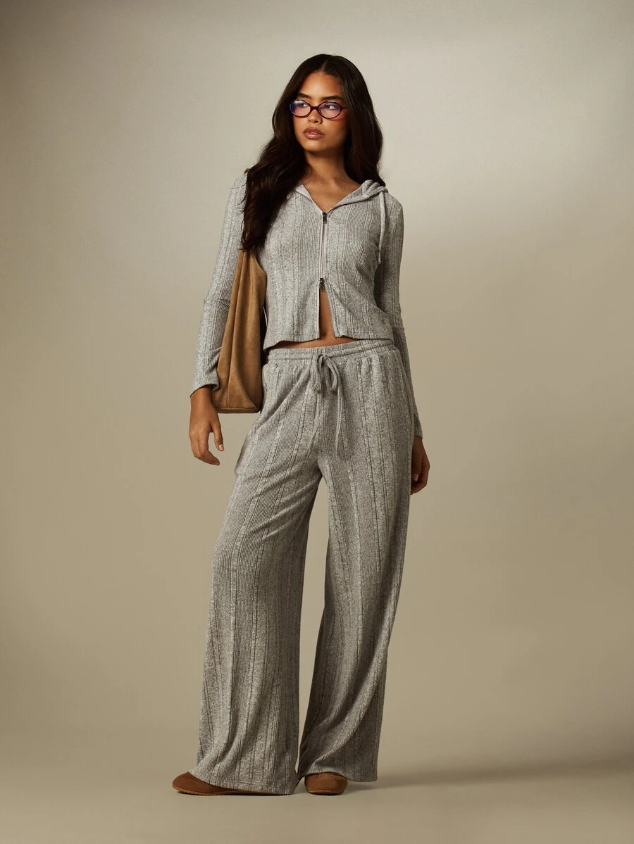 MISSGUIDED Ribbed Knit Full-Zip Cropped Hoodie And Wide Leg Drawstring Pants Co-Ord Set Two Pieces Loungewear Outfit Everyday Grey Autumn Casual - Light Grey - View 1