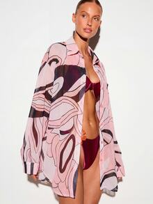 KIZN Sheer Oversized Button-Down Shirt Cover-Up With Abstract Swirl Print For Beach Vacation Summer - Pink - View 3