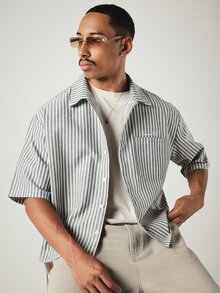 SUMWON Striped Boxy Crop Short Sleeve Button-Up Shirt With Chest Pocket And Spread Collar For Summer - Black and White - View 6