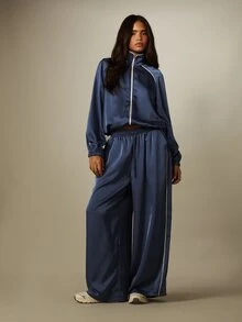 MISSGUIDED Satin Wide Leg Trousers With Contrast Piping Detail, Elasticated Waist, Drawstring, Full Length Palazzo Pants - Blue - View 3