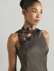 KSTM Satin Maxi Dress With Black Floral Lace Applique Neckline Sleeveless Bodycon Front Slit Evening Gown - Grey - View 2
