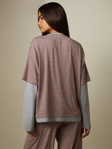 MISSGUIDED Striped Double Layer Oversized T-Shirt With Short Sleeve Crew Neck Casual Relaxed Fit Jersey Top - Multicolor - View 2
