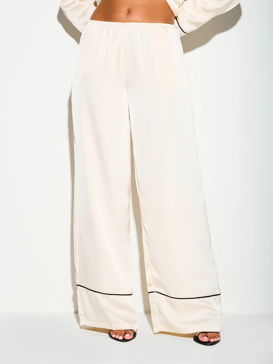 KIZN Satin Wide Leg Dress Pants With Contrast Piping Detail Elastic Waist Tailored Trousers Evening Occasion - Apricot - View 1