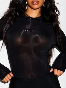 KIZN Body de malla transparente de manga larga con cuello redondo, detalle de logotipo, ajuste ceñido y cierre de broches, top para fiesta y noche - Negro - Ver 4