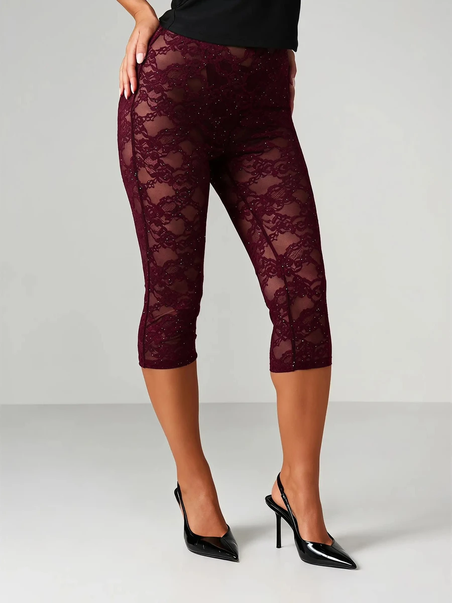 MISSGUIDED 透視蕾絲花卉圖案亮片裝飾優雅晚宴七分褲 - 酒紅色 - 查看 1