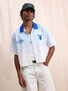 PLAYBOY X SUMWON Crop Fit 運動網球俱樂部方正版型鈕扣襯衫，對比領口設計與背面圖案印花 - 藍色 - 查看 5