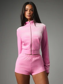 Missguided x Playboy Rhinestone Logo Booty Shorts High Waist Elastic Waistband Mini Hot Pants Soft Knit Fabric Casual Lounge Festival Party Summer Shorts - Pink - View 4