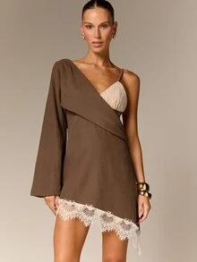 AiiRZ Suede Effect One-Shoulder Mini Dress With Lace Trim And Asymmetric Hem Long Sleeve Party - Brown - View 1