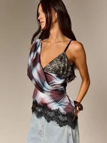 AiiRZ Plaid Print Lace Trim Off Shoulder Cami Top With Spaghetti Straps And Scalloped Hem Detail - Multicolor - View 5