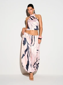KIZN Swirl Print Halter Crop Top With High Neck Tie Back And Open Back Adjustable Strap Detail - Pink - View 4