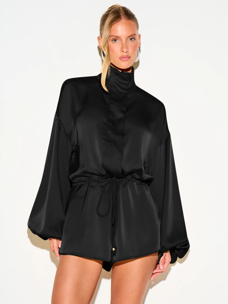 KIZN Satin Funnel Neck Playsuit With Balloon Sleeves And Drawstring Waist For Night Out Party - Black - View 1
