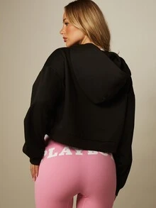 Missguided x Playboy 大廓型短版拉鍊連帽衛衣，字母 Logo 細節，全開襟拉鍊，休閒秋冬街頭風抓絨運動衫 - 黑色 - 查看 3